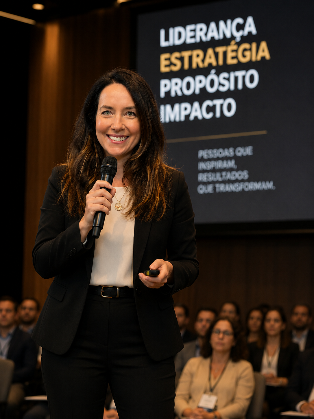 Priscila Rodrigues em palestra para líderes empresariais