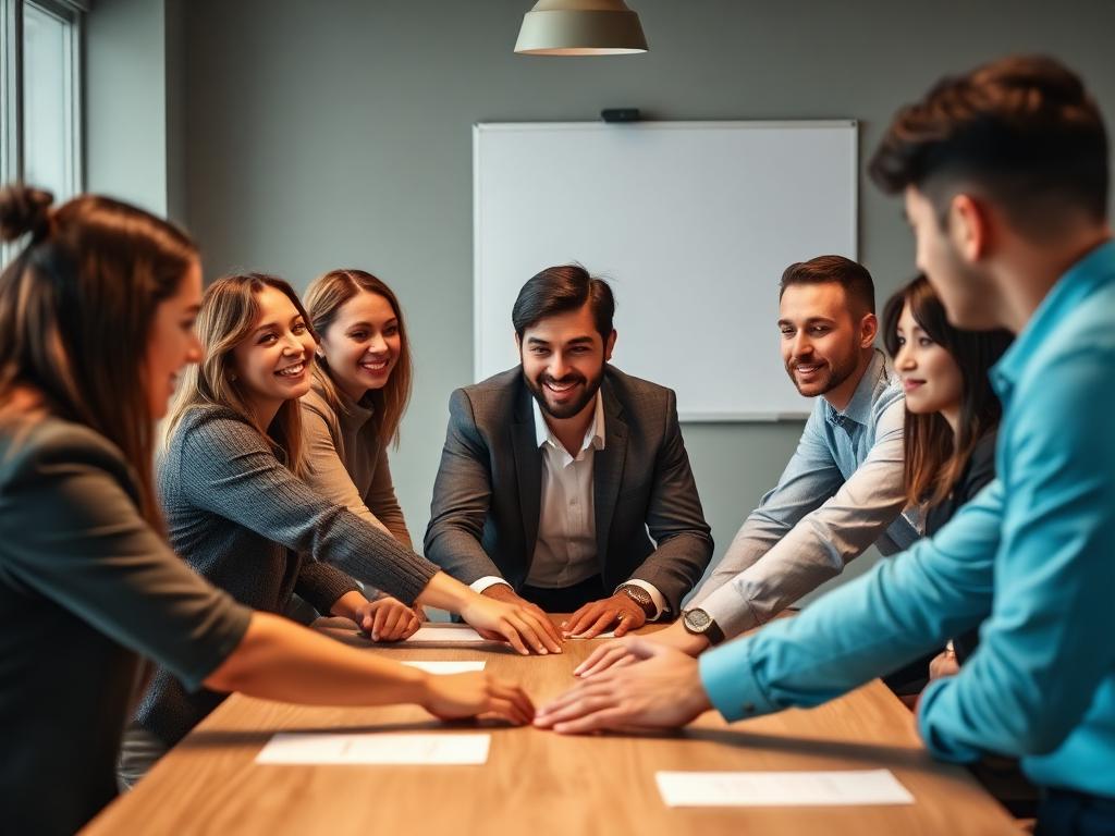 Líder conduzindo equipe diversa em reunião colaborativa