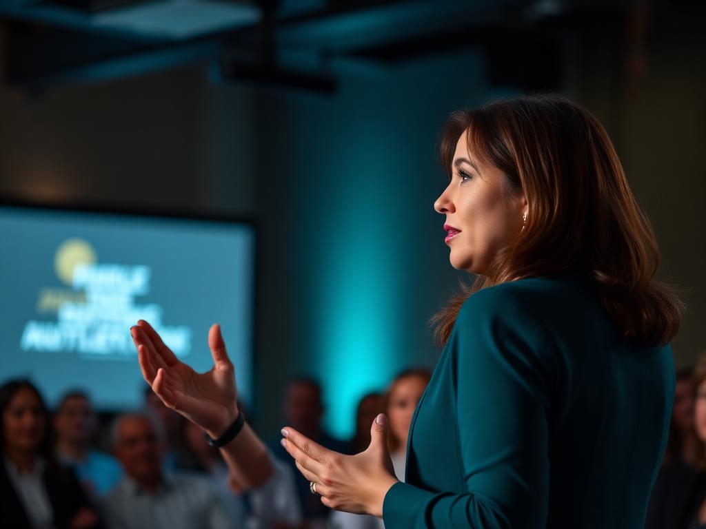 Mulher falando com presença diante de plateia corporativa